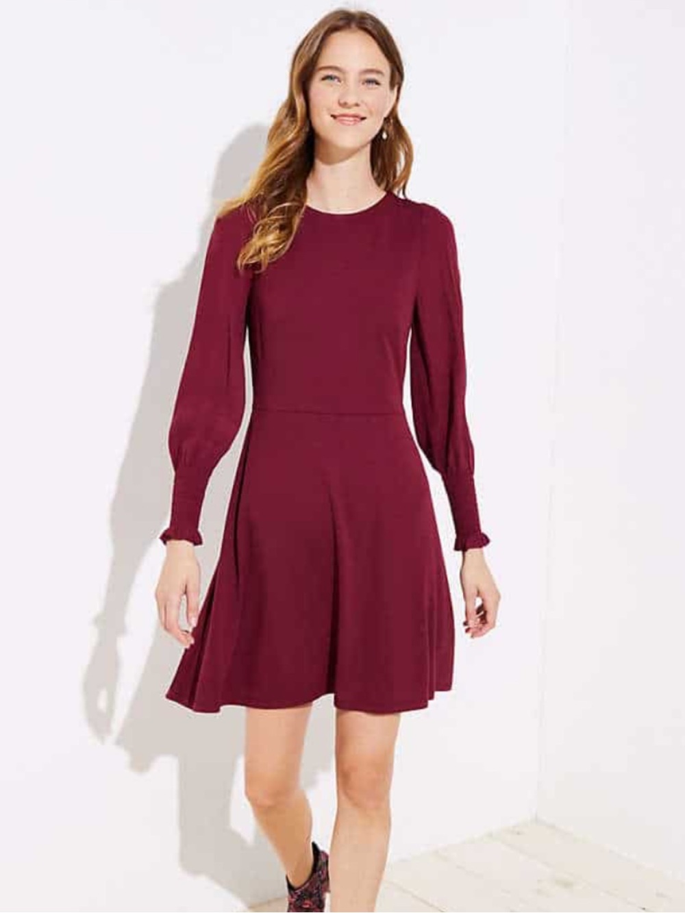 LOFT Long-Sleeve Burgundy Fit & Flare Dress